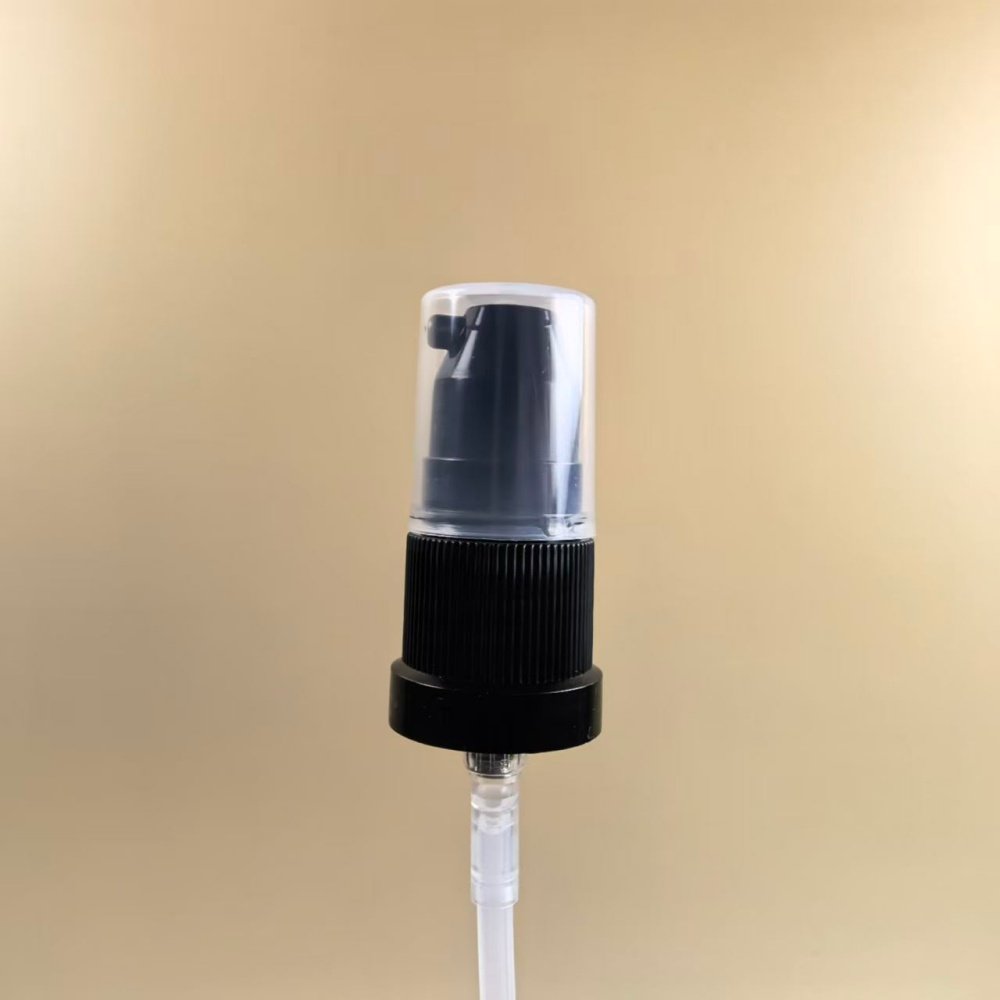 Black ribbed 18/415 essential oil pump with 0.4cc dosage for thick essential oil packaging