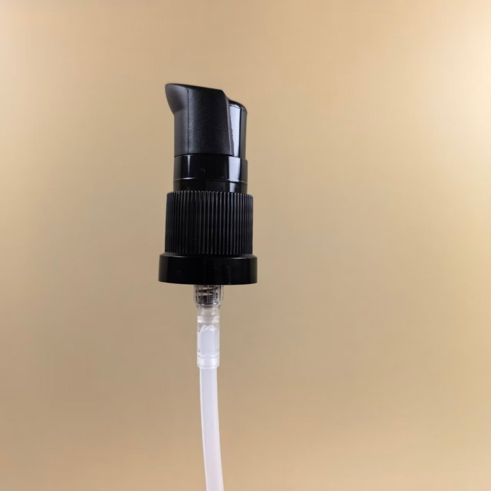 Black ribbed 18/415 essential oil pump with 0.4cc dosage for thick essential oil packaging