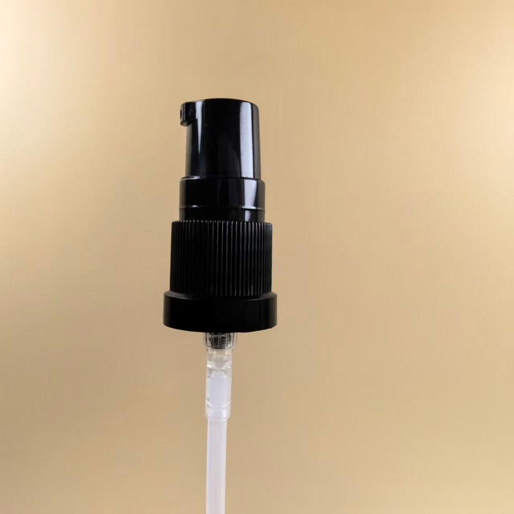 Black ribbed 18/415 essential oil pump with 0.4cc dosage for thick essential oil packaging