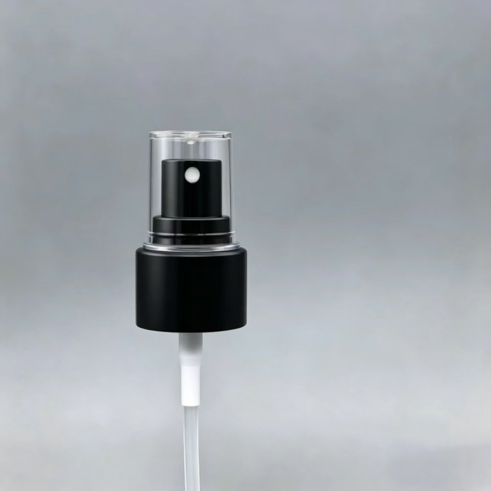 Aluminum cosmetic fine mist spray pump in black, silver and gold, matched with transparent protective overcap, fits 20/410 and 24/410 bottles