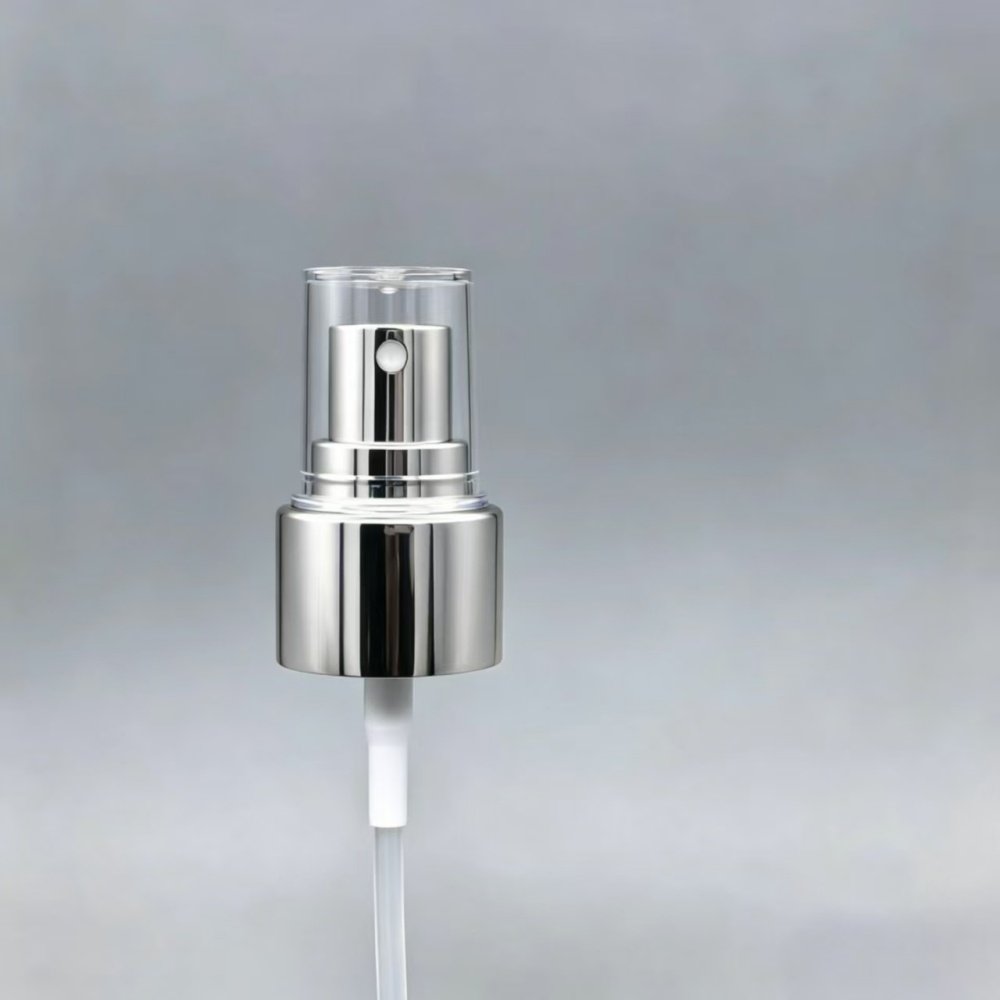 Aluminum cosmetic fine mist spray pump in black, silver and gold, matched with transparent protective overcap, fits 20/410 and 24/410 bottles