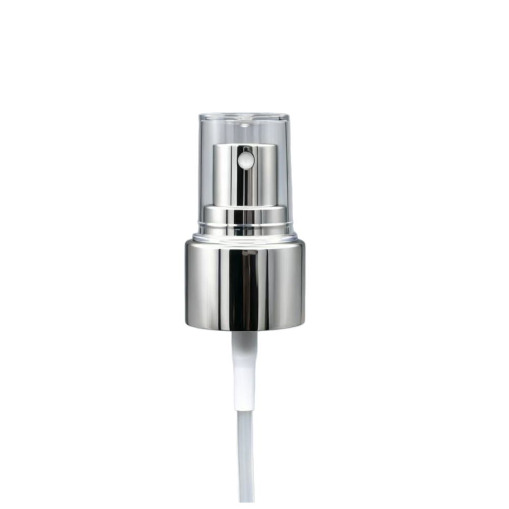 Aluminum cosmetic fine mist spray pump in black, silver and gold, matched with transparent protective overcap, fits 20/410 and 24/410 bottles