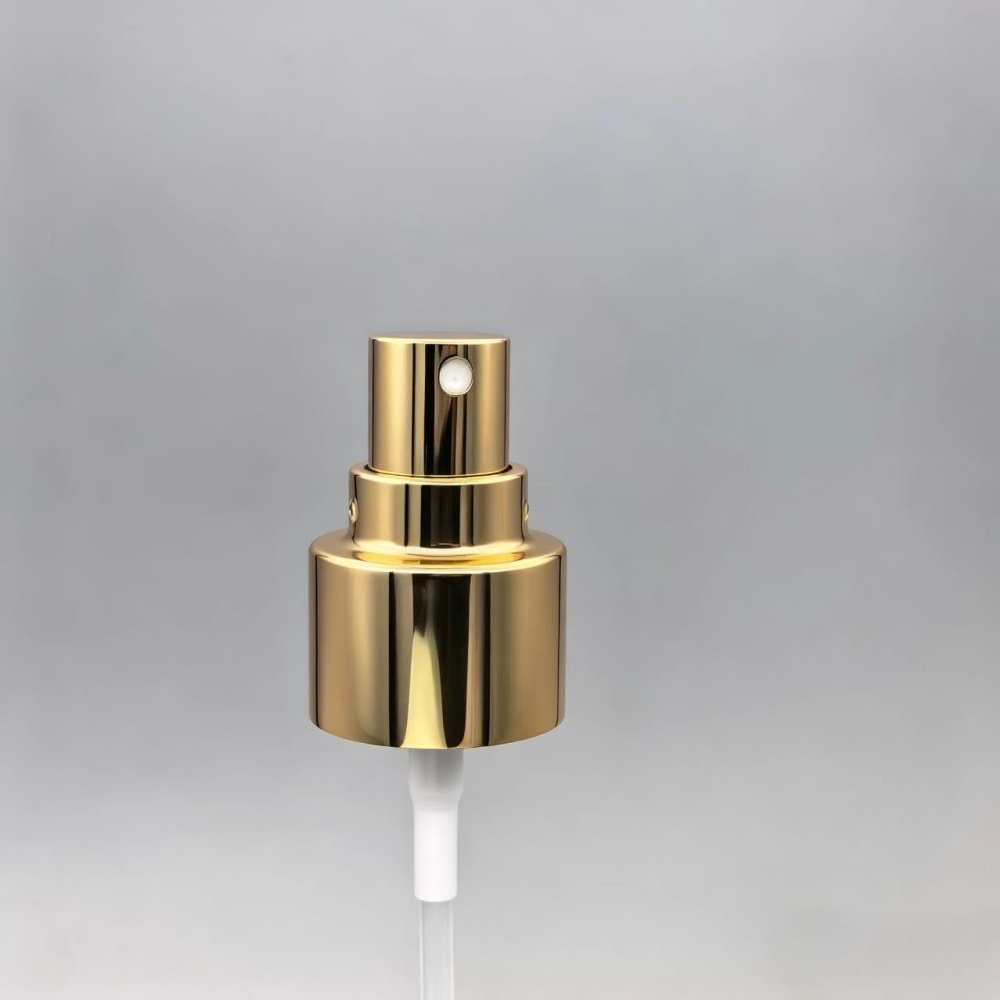 Aluminum cosmetic fine mist spray pump in black, silver and gold, matched with transparent protective overcap, fits 20/410 and 24/410 bottles